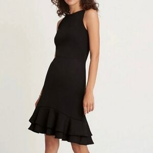 ANN TAYLOR Classic Black Sleeveless Dress Ruffle Hem Crochet Basketweave